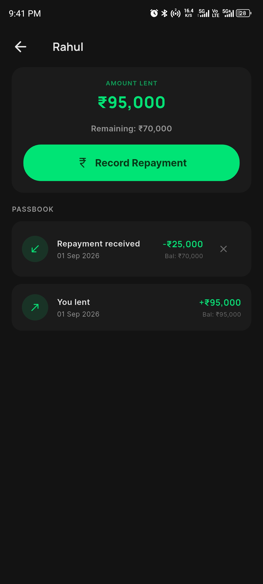 Arthika AI lending passbook screenshot